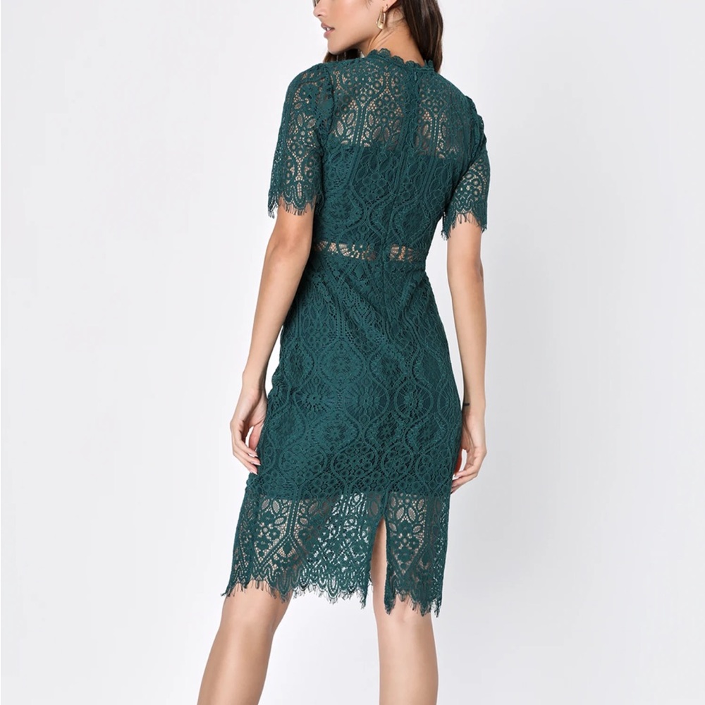 LULUS Remarkable Forest Green Sheer Lace Short Sleeve Mini Dress - Picture 9 of 15